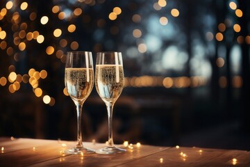 Glasses of champagne or sparkling wine in a festive atmosphere. Merry christmas and happy new year concept