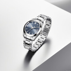 A beautiful luxury silver men's watch with a blue or blue dial on a beautiful white background.generative ai
