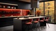 Autumn themed modern kitchen interior design with sleek furniture and black accents.