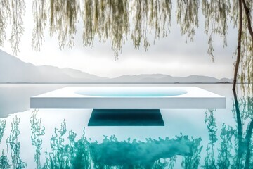 Wall Mural - An empty white product podium rests delicately on the surface of crystal-clear water, creating a surreal and captivating scene