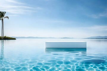 Wall Mural - An empty white product podium rests delicately on the surface of crystal-clear water, creating a surreal and captivating scene