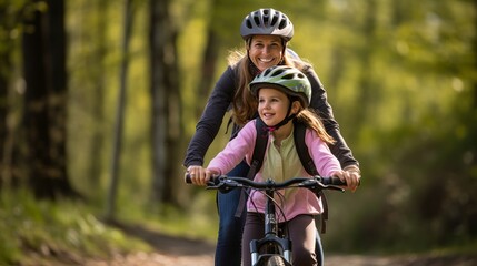 Wall Mural - Grinning mother and girl riding mountain bicycles together along a path in a dim timberland