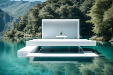 Wall Mural - An empty white product podium rests delicately on the surface of crystal-clear water, creating a surreal and captivating scene