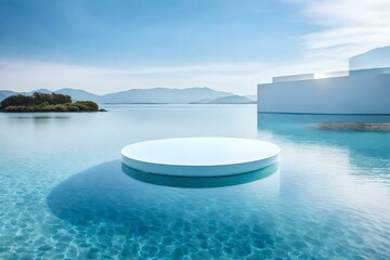 Wall Mural - An empty white product podium rests delicately on the surface of crystal-clear water, creating a surreal and captivating scene