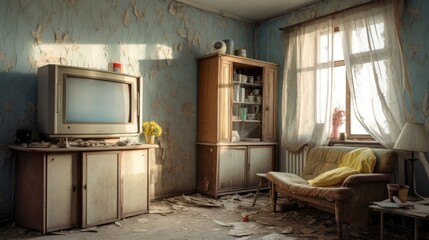 A run down Soviet era Russian home for elderly residents with old furniture, worn out flooring, damaged wallpaper, and an outdated TV.