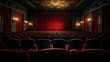 Classic movie theater with red velvet seats and curtains
