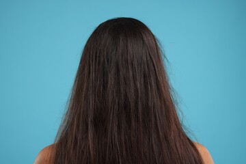 Wall Mural - Woman with damaged messy hair on light blue background, back view