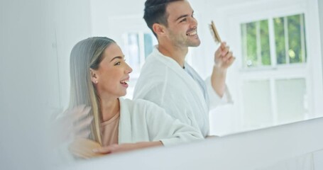 Canvas Print - Happy couple, hair and brush in morning grooming, mirror or bathroom routine together at home. Man and woman smile enjoying bonding, fun day or getting ready in haircare, hygiene or skincare at house