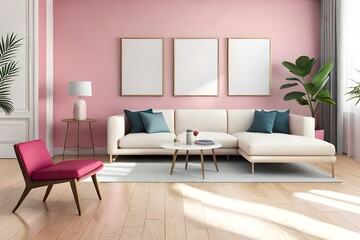 three wooden frames on pink and white wall, frame mockup, 3d render, 3d illustration