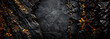 © Vita - Halloween orange, black rock texture with gold veins and golden boulders. Medieval dungeon stone wall glowing yellow background for copy space. Granite horizontal mobile web banner grunge backdrop.
