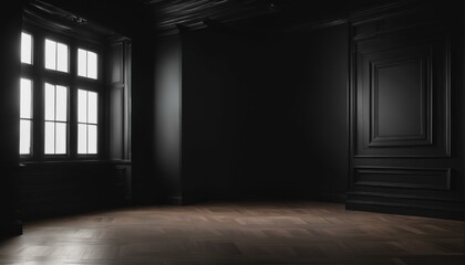 Negative space in empty elegant dark room at night with copy space and blank wall