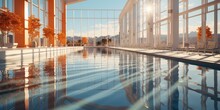 A Pool In A Large Building With A Sky Background. Digital Image.