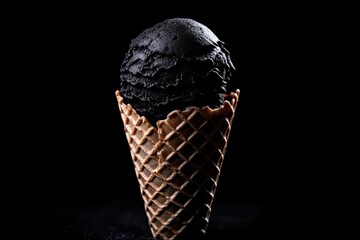 Wall Mural - Black backdrop with a close-up of an empty black ice cream cone. Generative AI