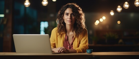 Wall Mural - portrait of creative caucasian woman in casual wear working and present discussing with laptop on wood table in office in dark tone, Generative AI