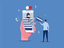 Hands Is Holding A Phone With A Chat With A Scam On The Smartphone Screen. Concept Of Cybercrime, Fraud And Blackmail, Online Crimes On The Internet, Social Networks, Dating Apps. Vector Flat