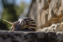 A Snail Is Gently Focused On A Rock Wall On A Bright Day. Generative AI