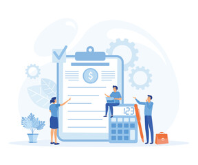 Poster - financial management concepts. people and clipboard with financial document, calculator and pen. Accounting, business plan. flat vector modern illustration