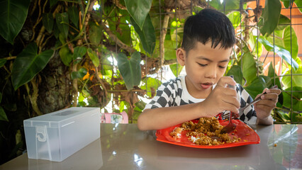 a little boy is eating fried rice