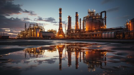 oil refinery plant for crude oil industry on desert in evening twilight, energy industrial machine f