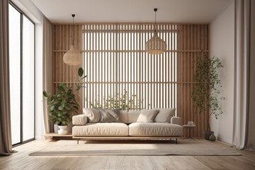 Poster - Contemporary room design with a sofa, curtains, plant, and light. Generative AI