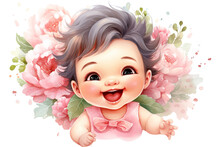 Watercolor Clipart Of A Joyful Baby Girl With A Charming Smile, Dressed In A Delightful Pink Outfit From Head To Toe With Flowers Clipart