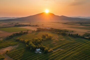 Canvas Print - aerial image of a beautiful sunset over agricultural fields. Generative AI