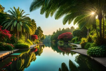 Canvas Print - tropical garden at night generated ai