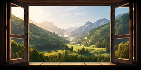 Wall Mural - Captivating nature and travel. Elevate journey. Breathtaking mountain landscapes. Summits and serenity. Window view