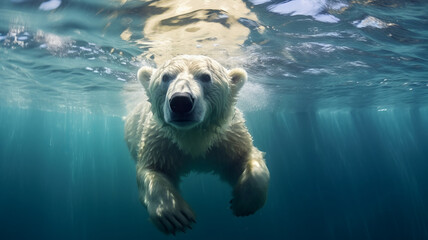 photograph of a polar bear swimming underwater in the arctic ocean