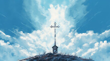 Oil Paint Of A Cross Sits On The Roof Of A Church