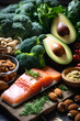 Healthy lifestyle concept. Keto food ingredients for ketogenic diet low carbs products. Salmon, avocado, nuts, seed, kale vegetable. top view