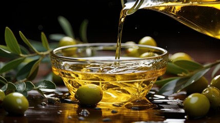 Poster - A bottle containing olive oil with olive leaves, in the style of motion blur, ::1 Watermark, word, text, trademark, caption, title, headline,