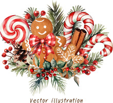 Christmas Decoration With Ribbon And Candy Ginger Bread Pine Leaf  Berries Bouquet  Watercolor Vector Illustration