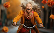 Exploring the Season's Splendor: An older woman enjoys a tranquil bike journey amidst the stunning autumn foliage, savoring the crisp air and golden leaves.