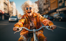adult woman riding a bicycle. grandmother on a bike in autumn day