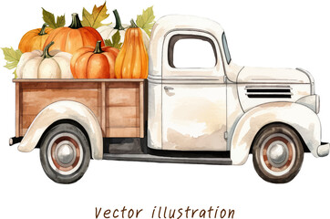 autumn pumpkin truck watercolor ornament vector illustration