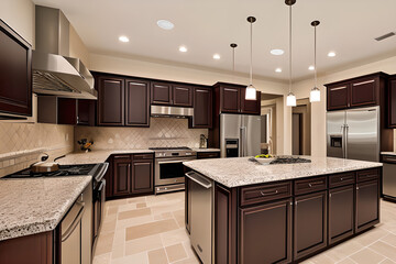 Luxurious refrigerator, home interior offering steel and granite countertops for the kitchen cabinetry. Side view