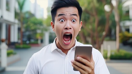 Asian handsome man exited surprise face expression . Male feels shocked with the phone. exciting smile and happy adorable rejoices. Very enjoy and fun relax time. wow, girl holding smartphone.