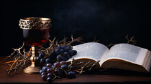 Crown Of Thorns With Holy Bible And Cup Of Wine