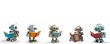 Set of little retro baby robots reading book on white background with clipping path