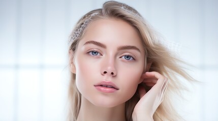 Wall Mural - blond beauty portrait: a captivating portrait of a young woman with long flowing blonde hair and str