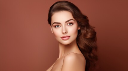 Wall Mural - elegant woman with brown hair: a captivating portrait of a beautiful woman with long, cascading brow