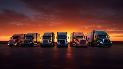 Wall Mural - Row of big truck with sunset background 