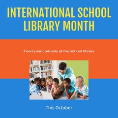 Sticker - This october, international school library month text, diverse teacher showing laptop to children