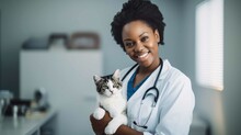 African Female Veterinarian Holding A Cat. Generative AI.