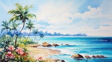 A Vibrant Watercolor Painting Showcases A Top View Of A Tropical Beach With A Couple Walking Hand-in-hand. Waves Crash On The Shore, Boats Float Nearby, And Palm Trees Sway, Creating A Scenic Paradise