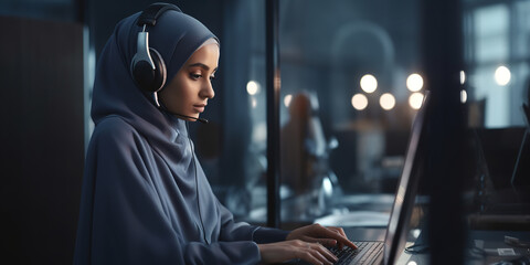 Wall Mural - Young muslim woman, customer support agent, wearing microphone headsets using computer in the office.