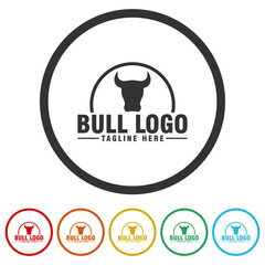 Poster -  Bull head logo template. Set icons in color circle buttons