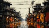 Fototapeta Nowy Jork - A painting illustrates a grunge urban street at night, filled with the red and orange glow of lights. Cars, taxis, and buses line the road, with towering buildings and industrial scenery.
