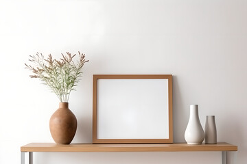 Blank picture frame mockup on vintage minimal interior room with white wall background Minimalist home.